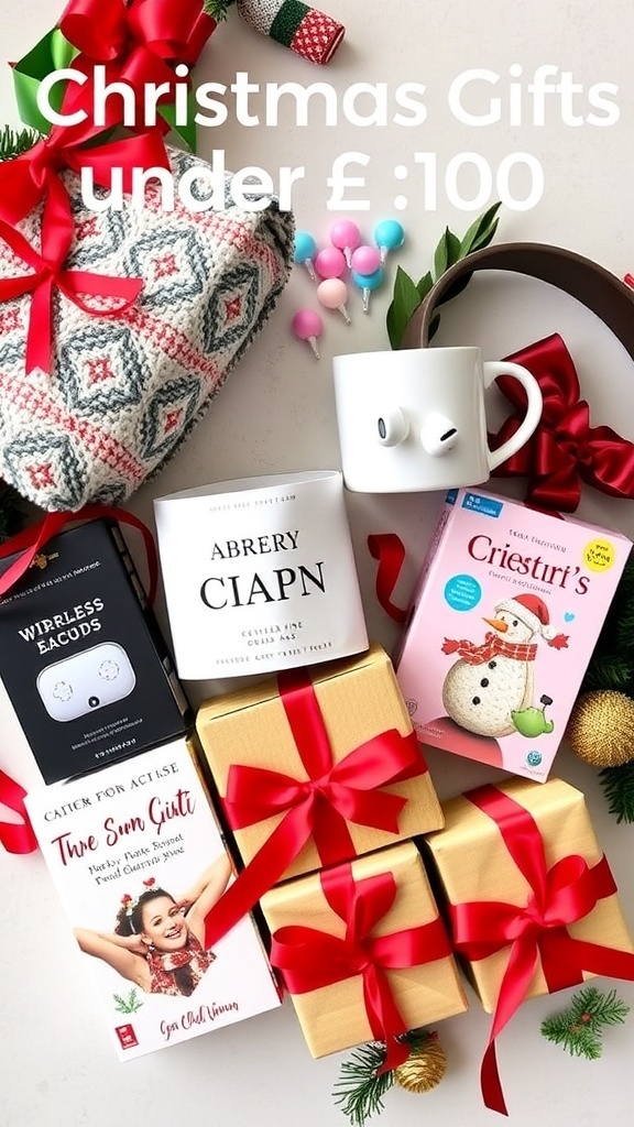 A collection of affordable Christmas gifts displayed with festive decorations.